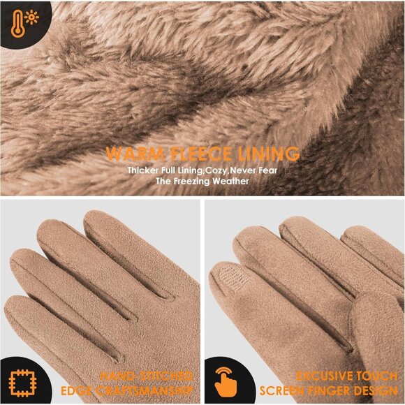 Women's Beige Winter Cold Weather Windproof Thermal Fleece Cuff Lined Gloves - Picture 5 of 7